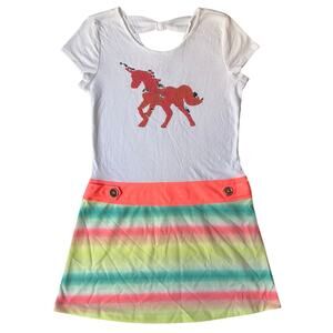 CRB Girl’s ShortSleeve Knee Length Stretch Dress size 16,White & Rainbow,Unicorn